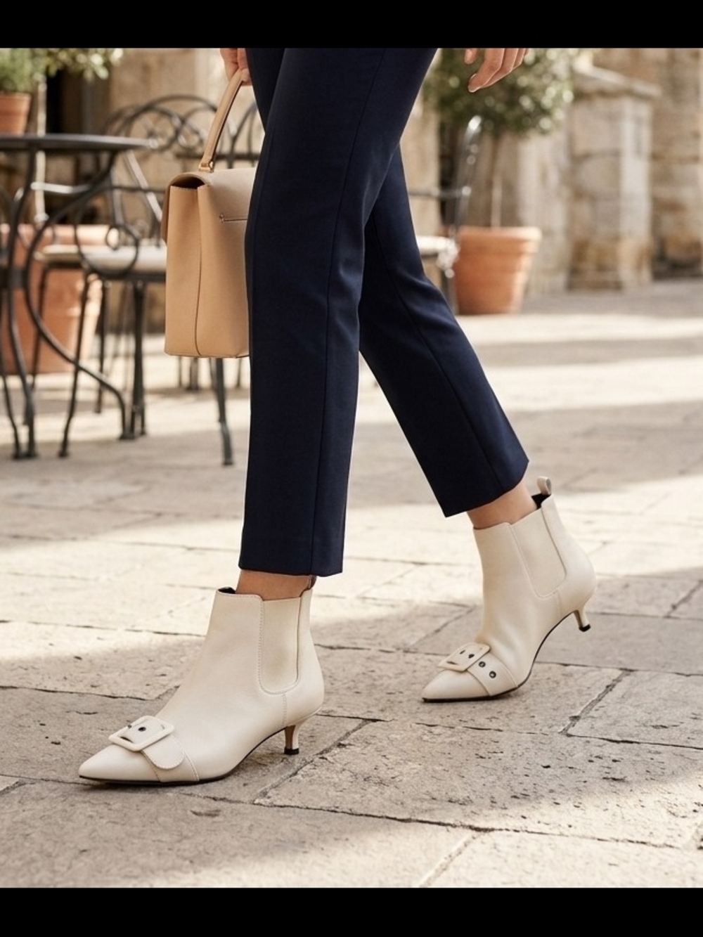Women's Cream Pointed-Toe Buckle Ankle Boots